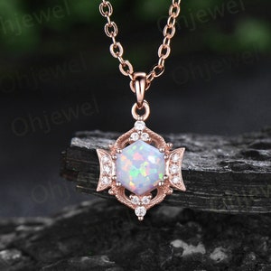 Vintage hexagon white opal necklace 14k rose gold 6 prong cluster halo moon diamond necklace Pendant women antique jewelry bridal gift