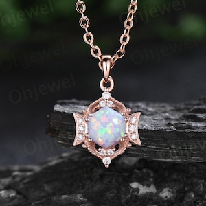 Collar vintage de ópalo blanco hexagonal de oro rosa de 14 k con halo de luna de diamante de 6 puntas, colgante para mujer, joyería antigua, regalo nupcial