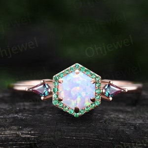 Opal ring vintage Hexagon opal engagement ring solid 14k rose gold halo emerald ring women kite alexandrite ring dainty wedding bridal ring