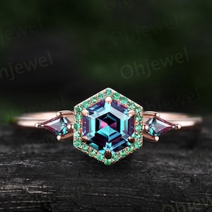 Hexagon cut Alexandrite ring rose gold halo emerald ring vintage kite cut alexandrite ring women unique engagement ring gemstone ring Gift