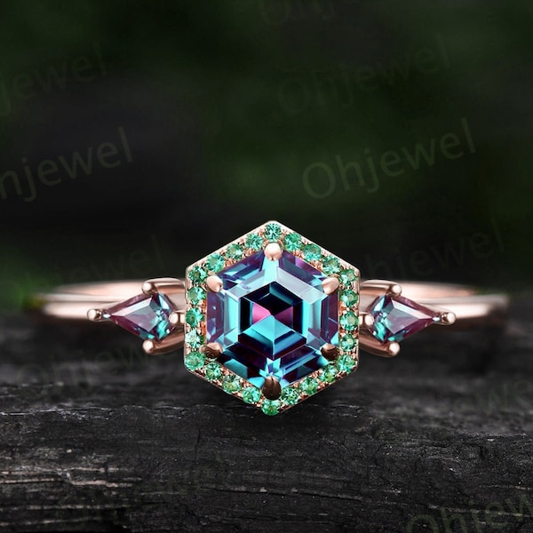 Hexagon cut Alexandrite ring rose gold halo emerald ring vintage kite cut alexandrite ring women unique engagement ring gemstone ring Gift