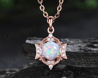 Vintage hexagon white opal necklace 14k rose gold 6 prong cluster halo moon diamond necklace Pendant women antique jewelry bridal gift