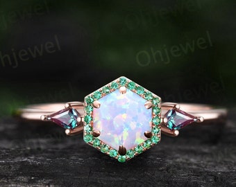 Opal ring vintage Hexagon opal engagement ring solid 14k rose gold halo emerald ring women kite alexandrite ring dainty wedding bridal ring