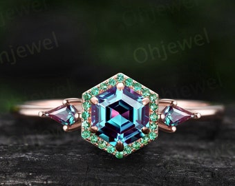 Zeshoek gesneden Alexandrite ring rose gouden halo emerald ring vintage kite gesneden Alexandrite ring vrouwen unieke verlovingsring edelsteen ring cadeau