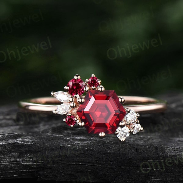 Hexagon cut red ruby ring gold silver for women vintage unique ruby engagement ring cluster art deco diamond bridal wedding ring women gift