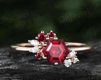 Hexagon cut red ruby ring gold silver for women vintage unique ruby engagement ring cluster art deco diamond bridal wedding ring women gift