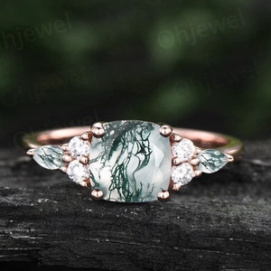 Vintage cushion cut green moss agate engagement ring rose gold diamond ring marquise cut moss agate ring unique anniversary ring for women