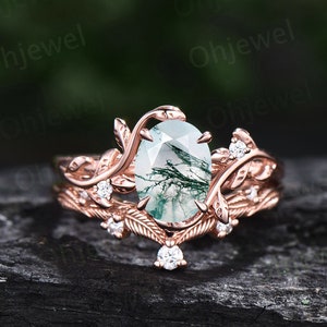 Twig oval cut green moss agate ring unique engagement ring set women leaf nature inspired rose gold ring branch diamond bridal ring set gift