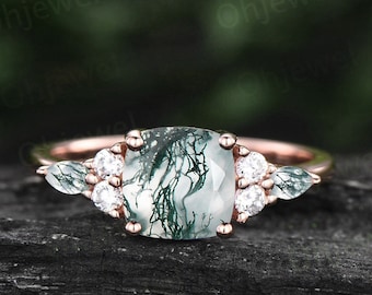 Vintage cushion cut green moss agate engagement ring rose gold diamond ring marquise cut moss agate ring unique anniversary ring for women
