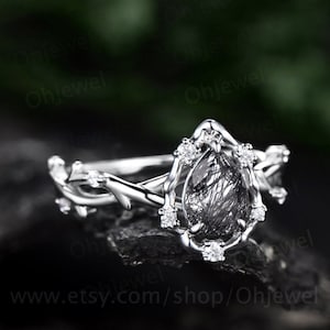 Birne schwarz Rutilquarz Ring Vintage Halo Blatt Zweig Natur inspiriert Verlobungsring Weißgold Twisted Diamant Jubiläumsring Frauen