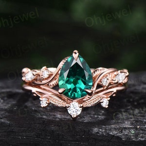 Vintage pear emerald engagement ring leaf ring set rose gold nature inspired five stone diamond ring women art deco twisted bridal set gift