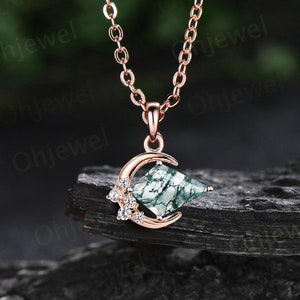 Vintage kite cut green moss agate necklace 14k rose gold Personalized moon cluster diamond unique Pendant women anniversary gift for her