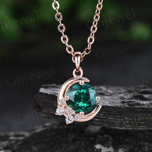 1ct Round green emerald necklace solid 14k rose gold unique moon necklace cluster moissanite Pendant women May birthstone anniversary gift