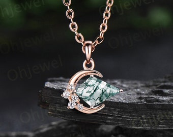 Vintage kite cut green moss agate necklace 14k rose gold Personalized moon cluster diamond unique Pendant women anniversary gift for her