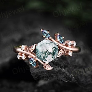 Hexagon cut green moss agate engagement ring rose gold Nature inspired leaf twig diamond ring women cluster alexandrite ring silver gift