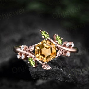 Vintage Hexagon citrine engagement ring leaf nature inspired marquise peridot ring women art deco twisted moissanite anniversary ring gift