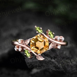 Vintage Hexagon citrine engagement ring leaf nature inspired marquise peridot ring women art deco twisted moissanite anniversary ring gift