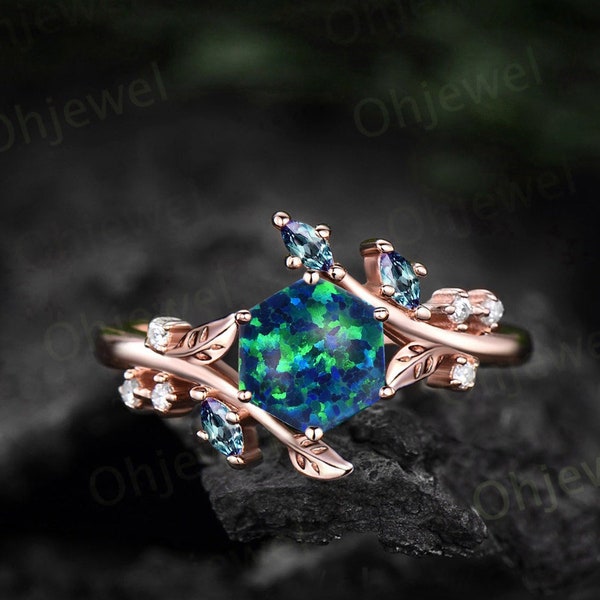 Hexagon black opal engagement ring rose gold Nature inspired leaf twig diamond ring women cluster alexandrite ring sterling silver gift