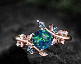 Hexagon black opal engagement ring rose gold Nature inspired leaf twig diamond ring women cluster alexandrite ring sterling silver gift