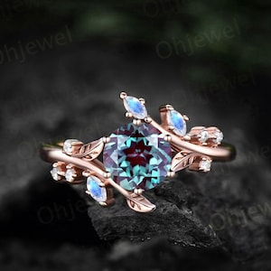 Vintage round Alexandrite engagement ring art deco leaf moonstone ring women rose gold nature inspired moissanite promise wedding ring gift