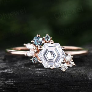 Hexagon cut moissanite ring gold silver vintage unique engagement ring cluster Alexandrite  ring art deco diamond wedding ring for women