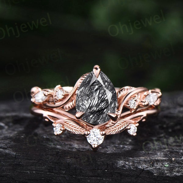 Twig pear shaped black rutilated quartz engagement ring vintage branch leaf rose gold nature inspired diamond bridal wedding ring set women