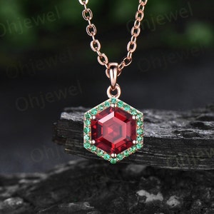 Vintage hexagon cut red ruby necklace rose gold unique 6 prong halo emerald necklace Pendant women dainty wedding anniversary gift her
