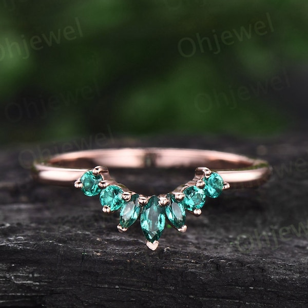 Vintage marquise cut emerald wedding band 14k rose gold sterling silver emerald ring crown curved wedding ring band stacking ring women gift