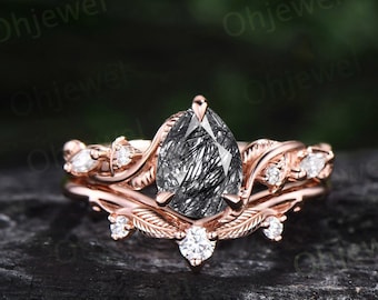 Twig pear shaped black rutilated quartz engagement ring vintage branch leaf rose gold nature inspired diamond bridal wedding ring set women