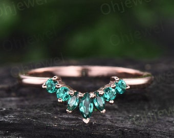 Vintage marquise cut emerald wedding band 14k rose gold sterling silver emerald ring crown curved wedding ring band stacking ring women gift