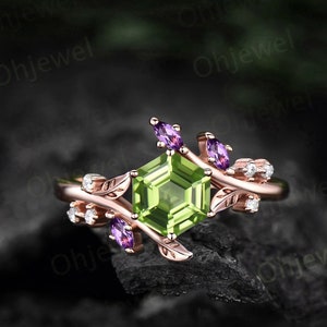 Hexagon peridot ring vintage marquise amethyst ring rose gold leaf nature inspired engagement ring women diamond bridal promise ring her