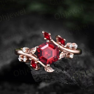 Hexagon cut red ruby engagement ring solid 14k rose gold branch leaf twig diamond ring vintage marquise cut natural ruby ring women jewelry