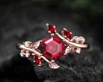 Hexagon cut red ruby engagement ring solid 14k rose gold branch leaf twig diamond ring vintage marquise cut natural ruby ring women jewelry