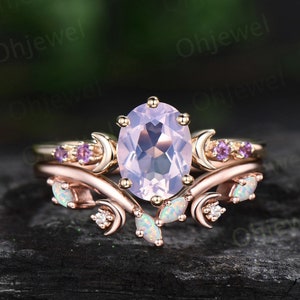 Oval lavender Amethyst ring moon opal wedding ring set art deco five stone unique engagement ring women yellow gold anniversary ring gift