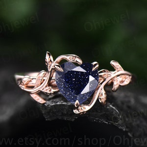 Heart shaped blue sandstone engagement ring leaf flower 14k rose gold silver unique vintage solitaire engagement ring wedding ring for women