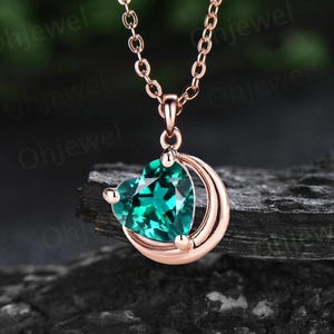 Heart shaped green emerald necklace solid 14k 18k rose gold moon solitaire pendant women May birthstone delicate anniversary gift