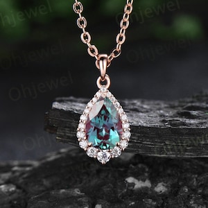 Pear cut Alexandrite necklace snowdrift halo diamond moissanite Pendant women 14k rose gold June birthstone anniversary gift jewelry