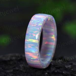 5mm White opal wedding band mens fire opal ring band anniversary gift for him her unique engagement ring women October birthstone ring