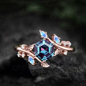 Twig Hexagon cut Alexandrite engagement ring solid 14k rose gold leaf Nature inspired branches moonstone wedding anniversary ring women gift