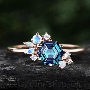 Hexagon cut Alexandrite engagement ring 14k rose gold marquise cut moonstone opal ring vintage diamond wedding anniversary ring women gift