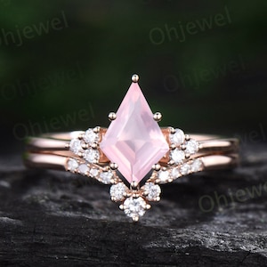 Dainty kite cut rose quartz ring rose gold unique engagement ring set solid 14k rose gold Minimalist diamond anniversary ring set women gift