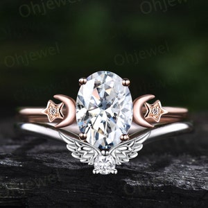 Oval cut moissanite ring vintage moon star unique engagement ring rose gold three stone bat wing ring stacking bridal wedding ring set women