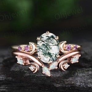 Vintage oval green moss agate engagement ring five stone moon amethyst ring yellow gold opal wedding ring band unique bridal ring set women