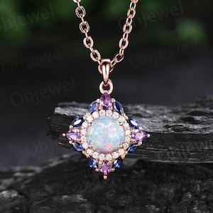 Vintage round white opal necklace art deco rose gold double halo moissanite amethyst sapphire necklace Pendant promise wedding bridal gift