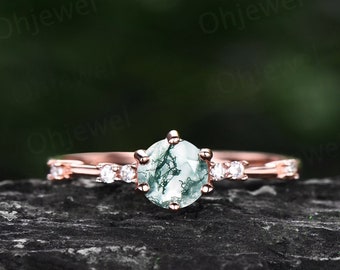 Dainty round cut moss agate ring gold vintage unique green moss agate engagement ring 14k rose gold six prong diamond wedding ring for women