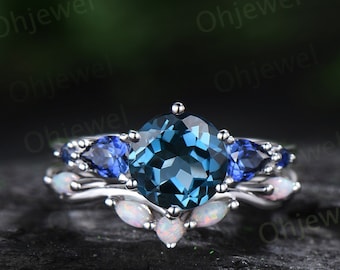 Round London blue topaz ring vintage pear sapphire ring five stone blue gemstone ring opal wedding band engagement ring women bridal set