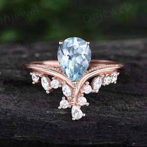 Aquamarin Ring Vintage Birnenförmiger Aquamarin Verlobungsring 14k Roségold Silber Art Deco Cluster Diamant Versprechen Ehering Frauen Geschenk