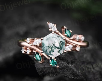 Unique Hexagon cut green moss agate engagement ring leaf rose gold vintage nature inspired marquise cut diamond emerald wedding ring women