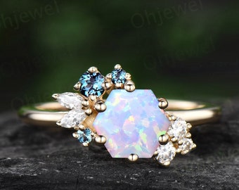 Vintage Hexagon cut white opal engagement ring 14k yellow gold cluster alexandrite marquise cut diamond ring unique anniversary ring gifts