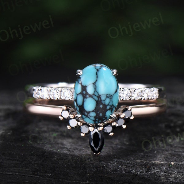 Oval natural Turquoise ring vintage Turquoise engagement ring white gold moissanite ring black spinel rose gold ring bridal ring set women